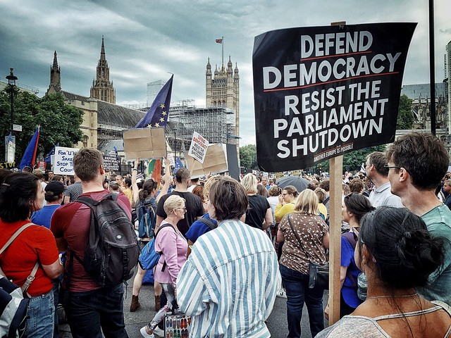 Protesters carrying placards on the street in Westminster on 31 August 2019