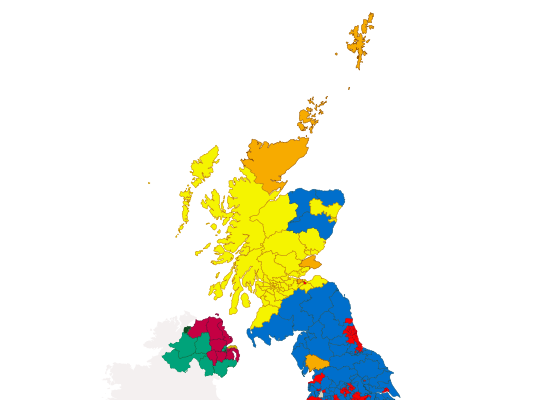 Election results map of the northern half of the UK 